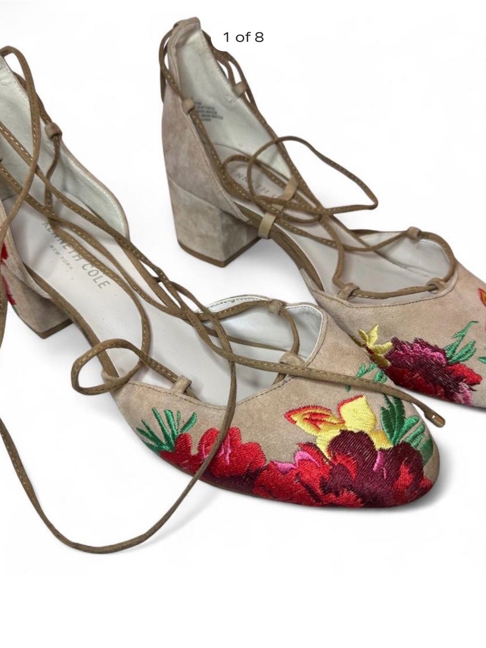 Kenneth Cole Tessa Floral Embroidered Suede Lace-Up Block Heels 8.5M
